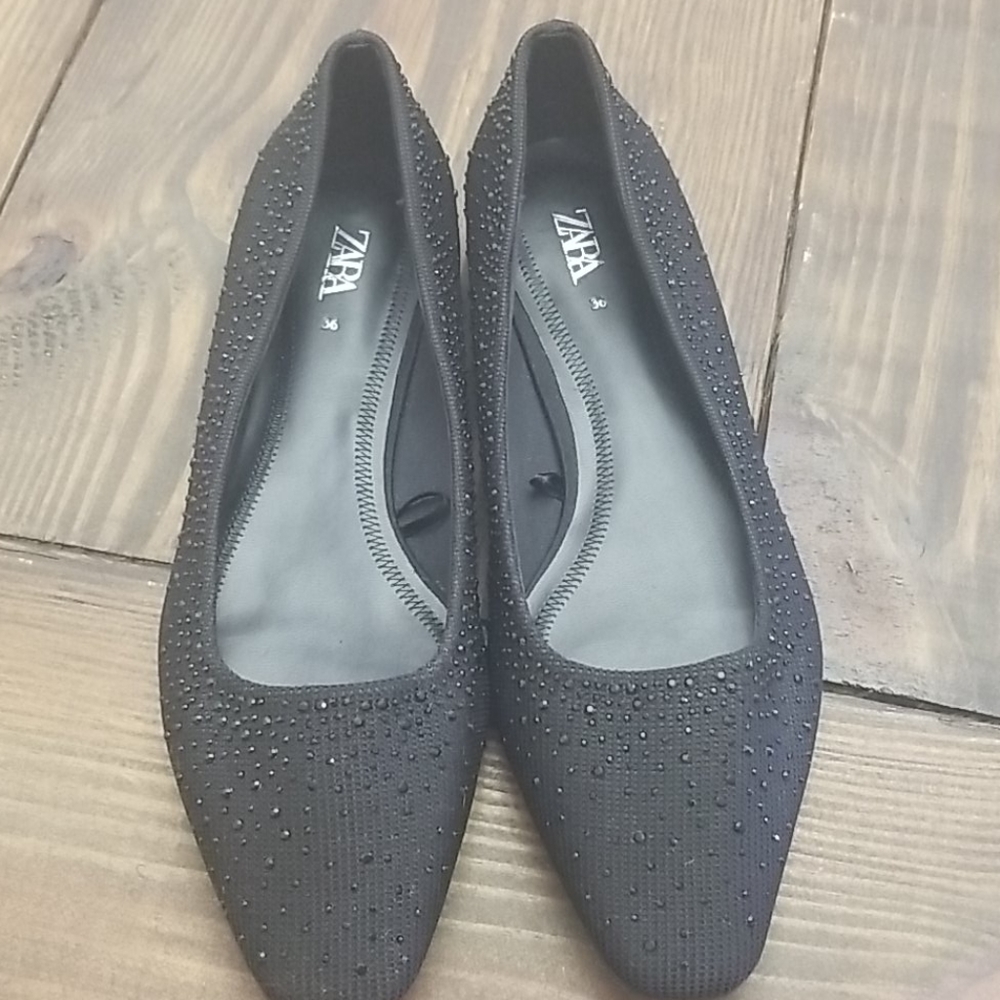 Zara Black Rhinestone Studded Flats Size 6